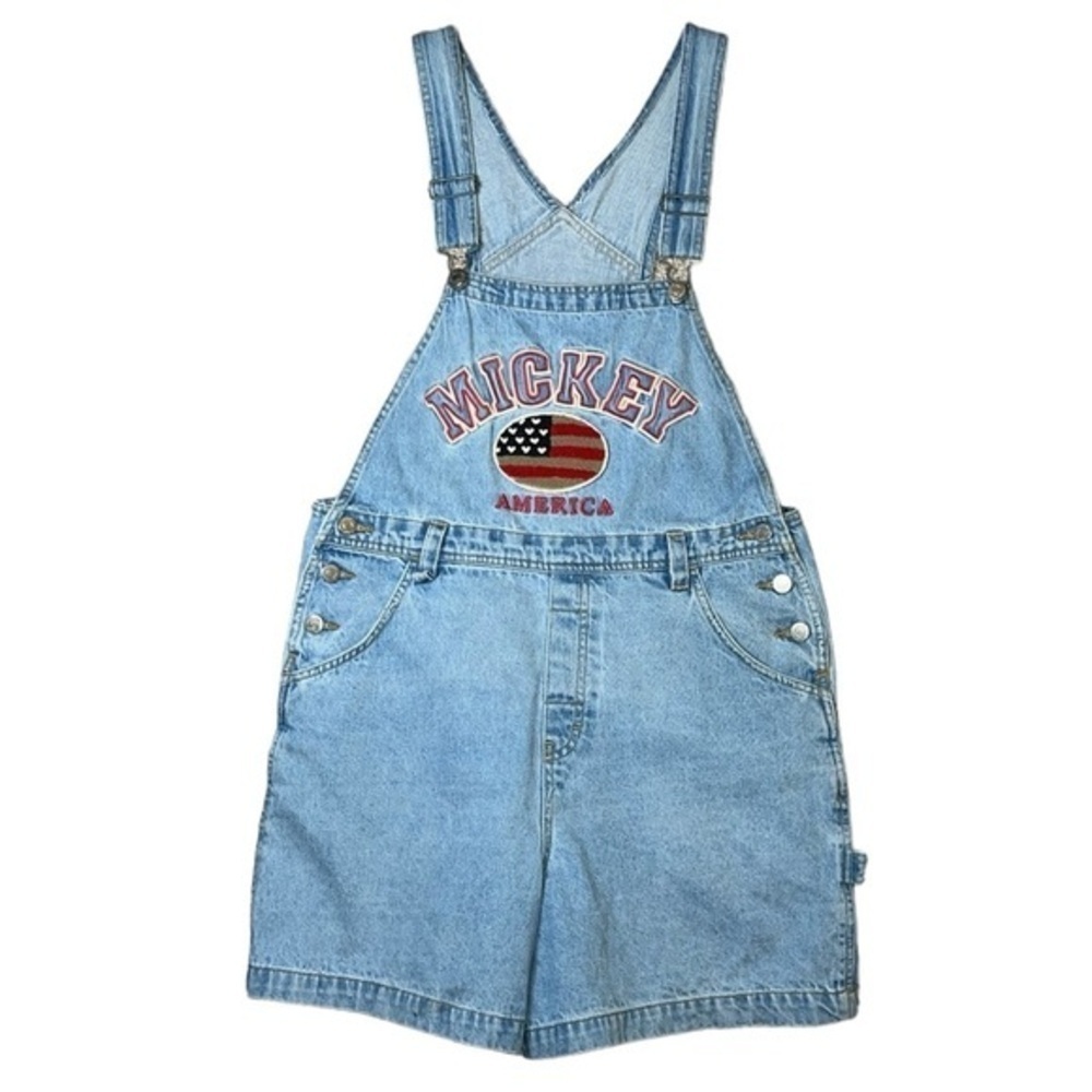 Vintage 90’s Disney Americana Mickey Mouse Flag Denim Jumper Shortalls Medium - Picture 1 of 9